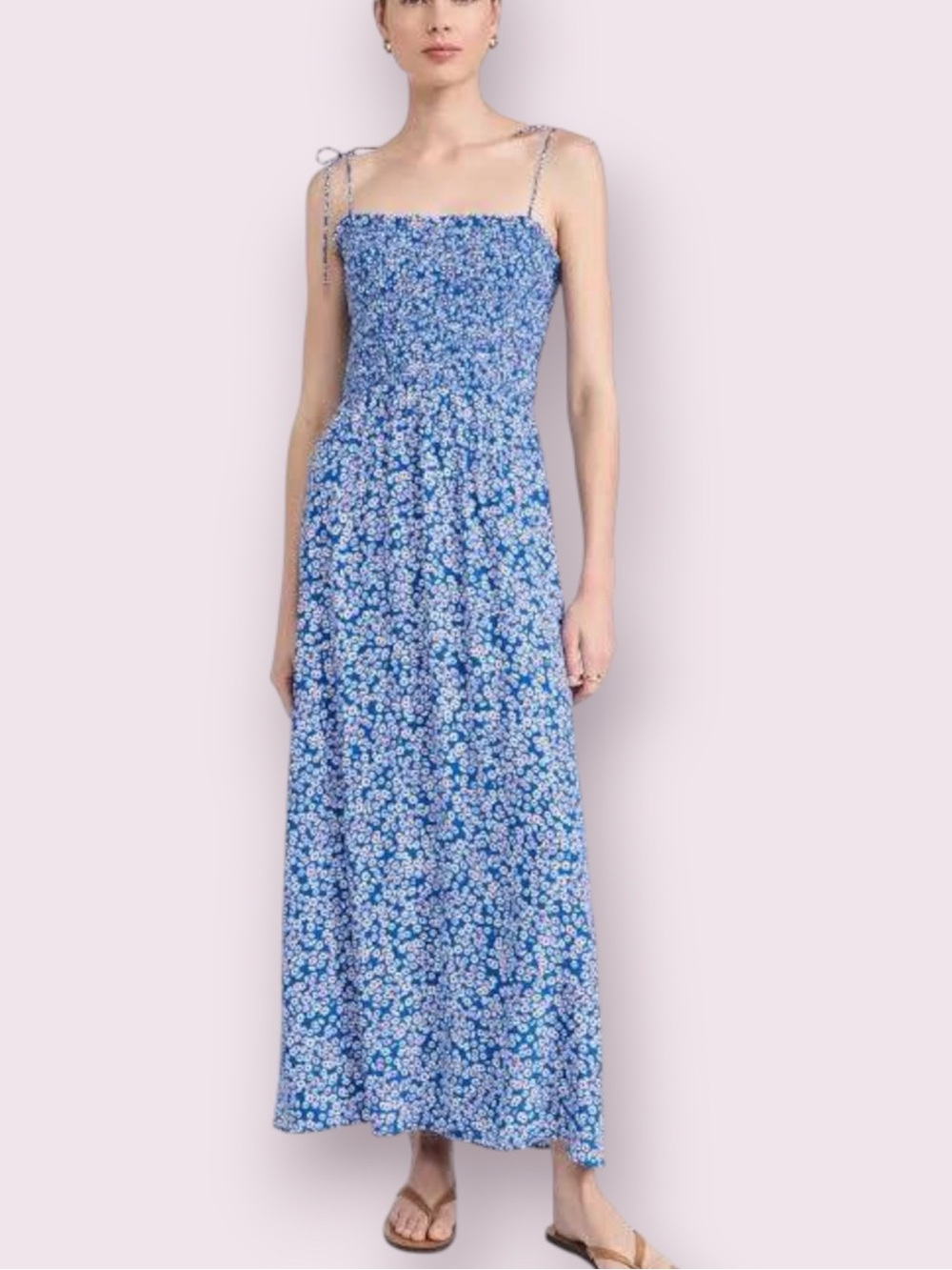 Madewell Smocked Tie-Strap Midi Dress Blue White Ditsy Floral Print Size 12